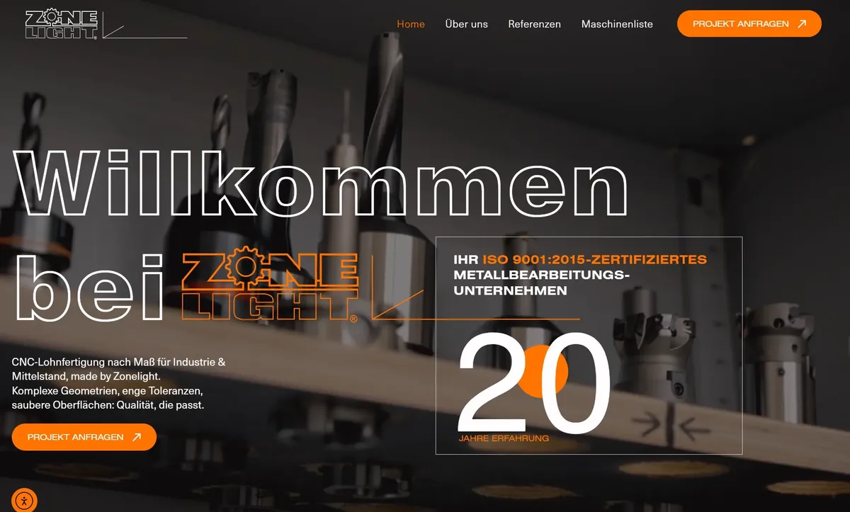 Startseite der Website von Zonelight